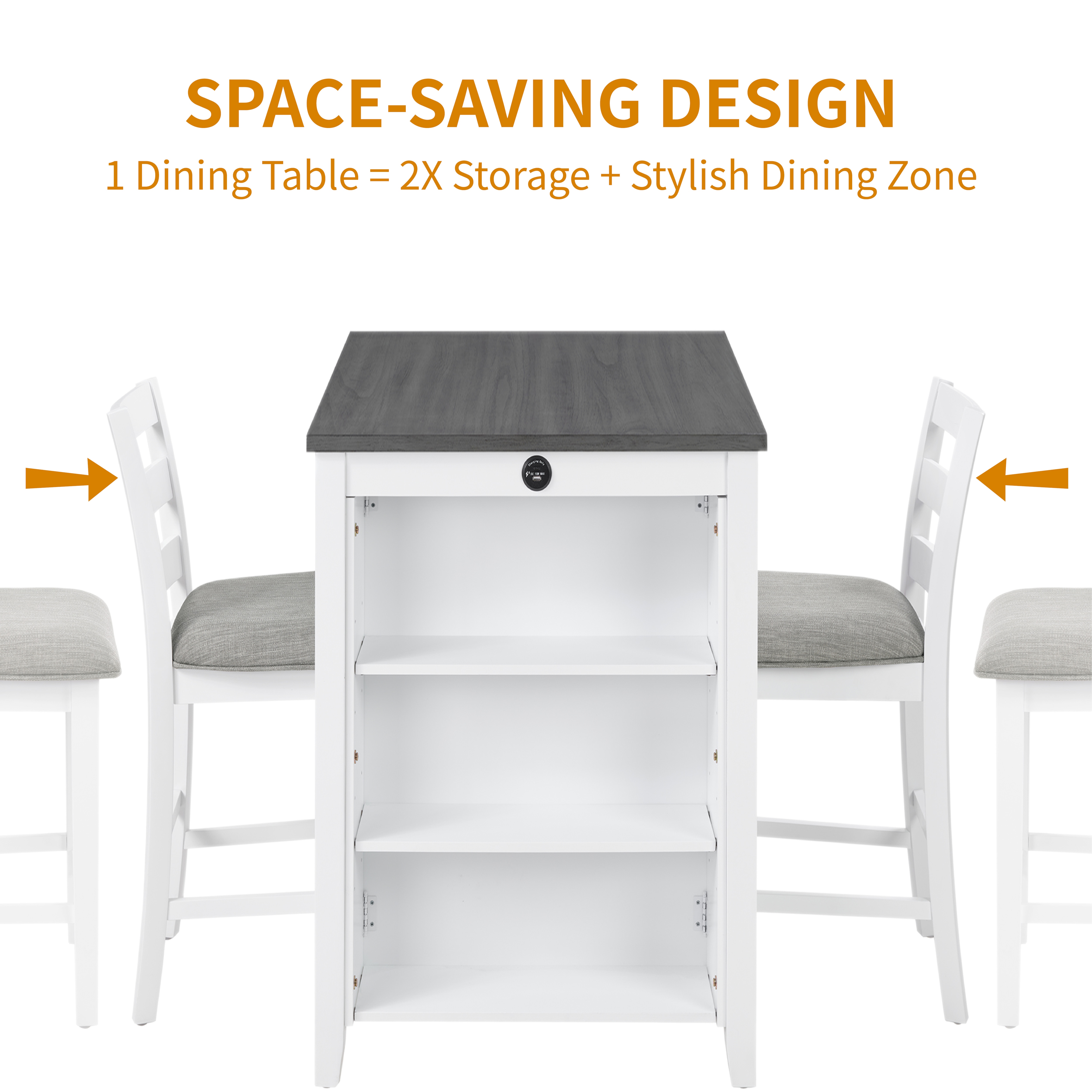 30" Modern Dining Table Set For 2 With Charging Station & 3-Tier Adjustable Storage | Space-Saving Kitchen Set With Upholstered Chairs For Small Spaces, Apartment,Off White_voghion.com